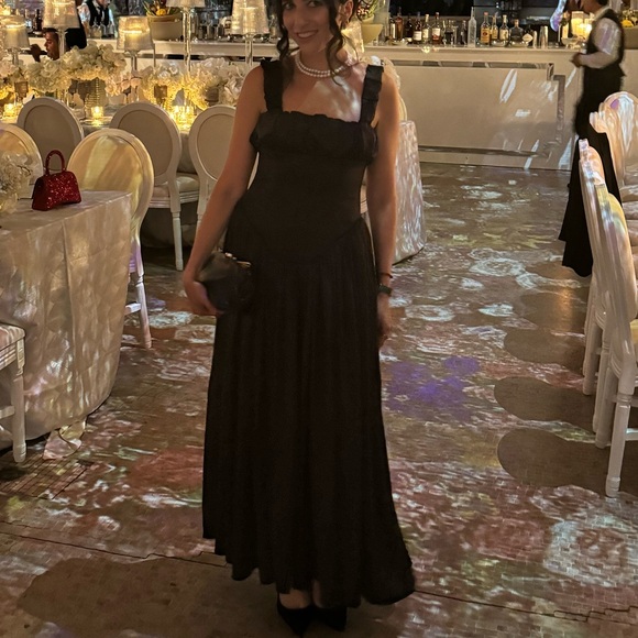 Black Satin Drop Waist Midi Dress - Picture 4 of 4